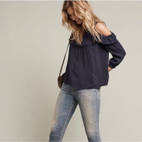 Anthropologie Tops - Anthropologie Maeve Navy Cold Shoulder Ruffle Top Romantic Coquette Size 2 & 4